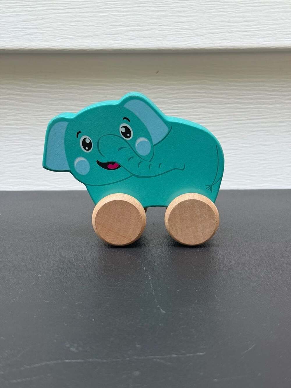 Wooden Elephant Push Toy Teal Rolling Animal